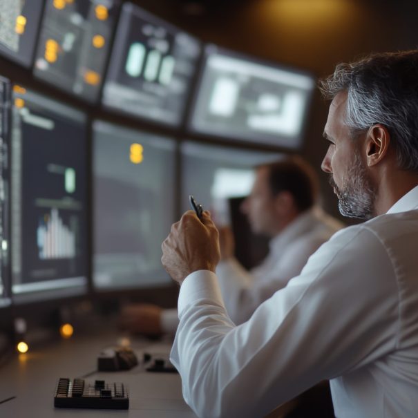 Two men sit at a control room desk, monitoring multiple large computer screens displaying technical data, graphs, and schematics.