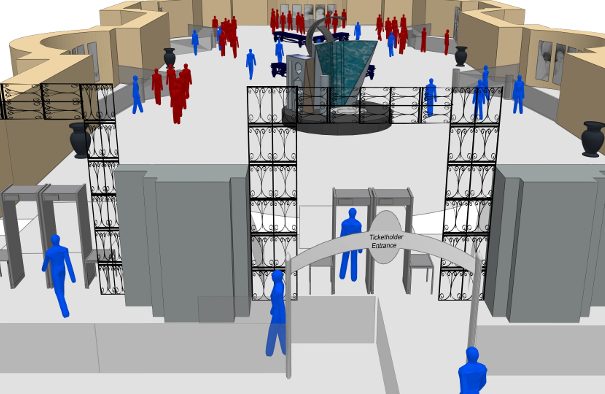 Digital rendering of an indoor event space with security gates, a ticket holder entrance, decorative fencing, and numerous blue and red human figures.