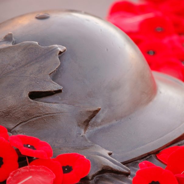 Soldiers helmet surrounded by poppies.