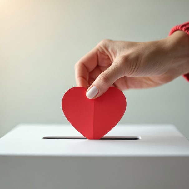 A hand places a red paper heart into a white donation box.